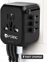 ForDig Universal World Plug - 3 Portes USB et 1 USB C - Charge Fast 2000 W - Prise de voyage internationale - Amérique, Angleterre, Afrique du Sud - Zwart
