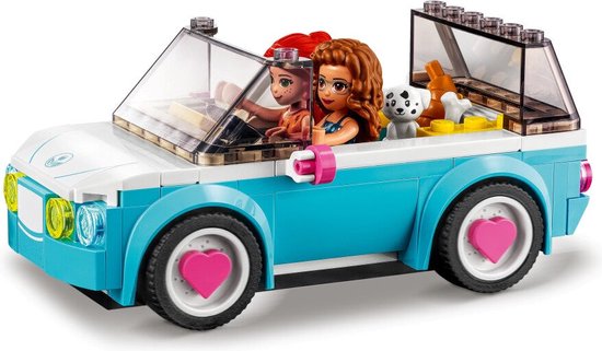 LEGO Friends: turquoise cabriolet met roze dak, twee poppetjes en een hondje erin.
