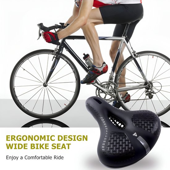 Comfortabele fietszit,Breed ergonomisch fietszadel met dubbele schokabsorberende bal en geheugenschuim,Comfortabel zacht gewatteerd fietszitkussen voor dames heren MTB/hometrainer/racefietsstoelen…