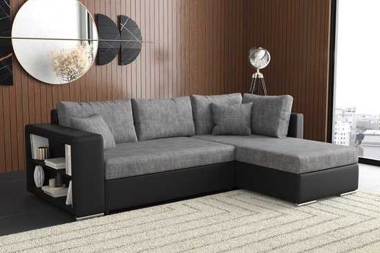 hoekbank johny L- zwart+ grijs- met bed en opbergruimte- hoeksalon johny- seatsandbeds