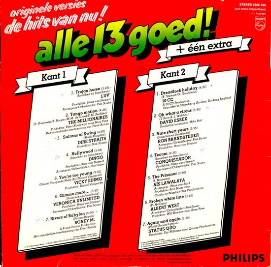 Albumhoes met tekst 'Alle 13 goed! originele versies de hits van nu!', Kant 1 en Kant 2.