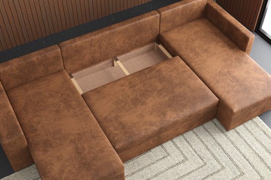 Canapé D'Angle Convertible Luna En Velours Côtelé – Forme En U, Lit 125x268 Cm, Tiroir De Rangement – Marron, 312 Cm De Large