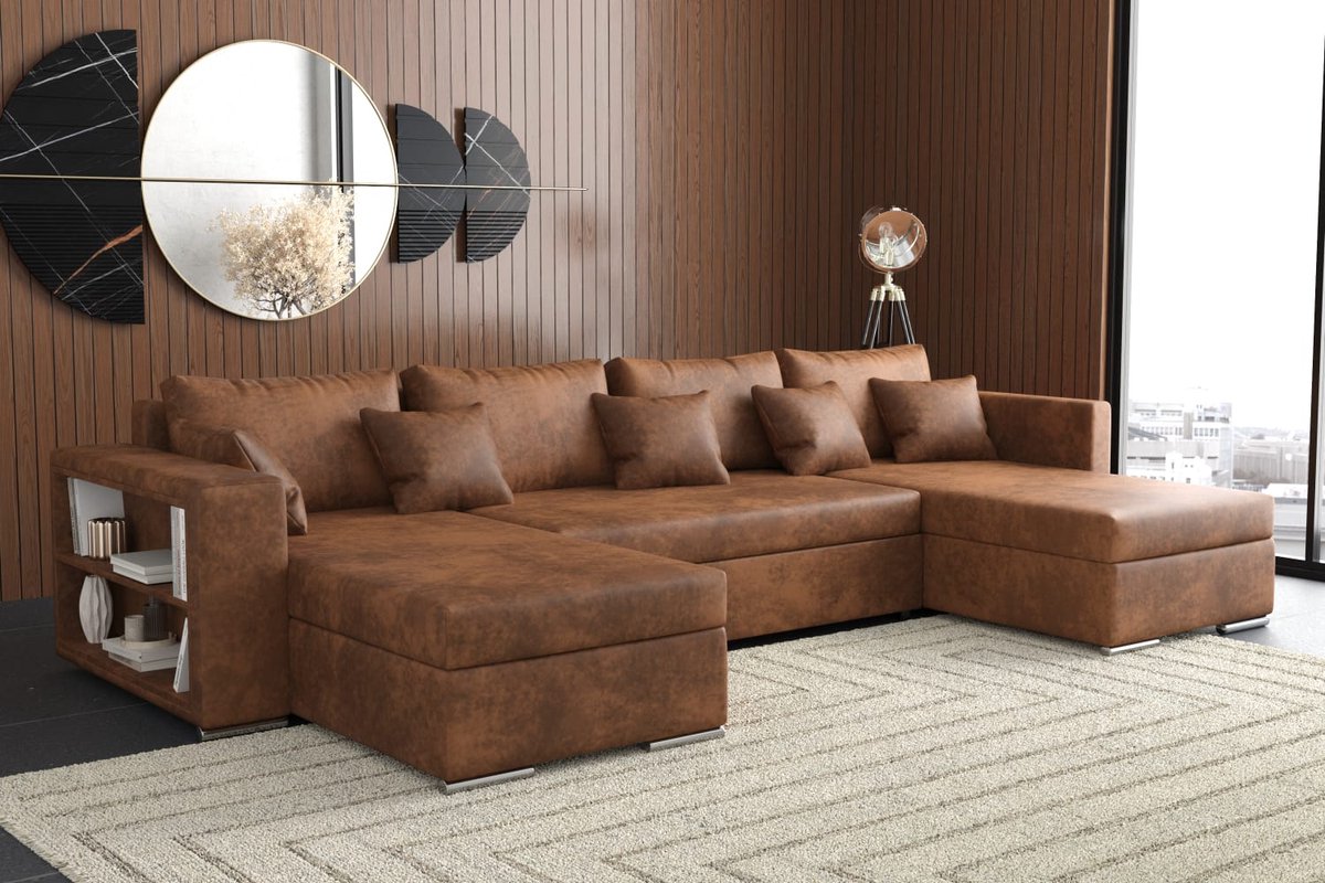 hoekbank johny U- microvezelstof cognac- met bed en opbergruimte- hoeksalon johny- zetelsenbedden