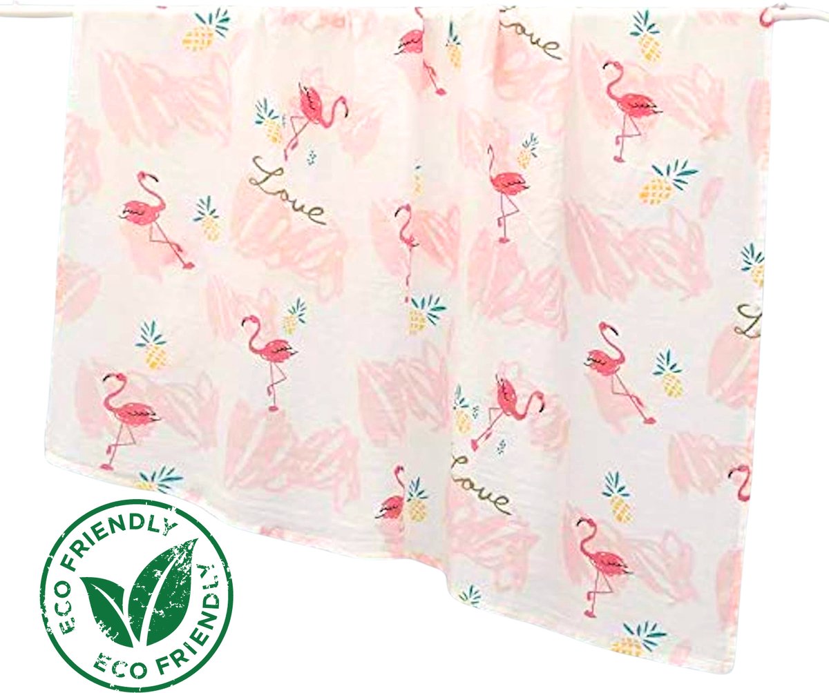 Goedkoopste Duopack 2x BoefieBoef Tropische Flamingo Grote XL Hydrofiele Doek Baby - Duurzaam Eco Bamboe - Kerst en KraamCadeau - Swaddle, Inbakerdoek, Hydrofiele Luier & Babydeken - Roze Ananas Wit