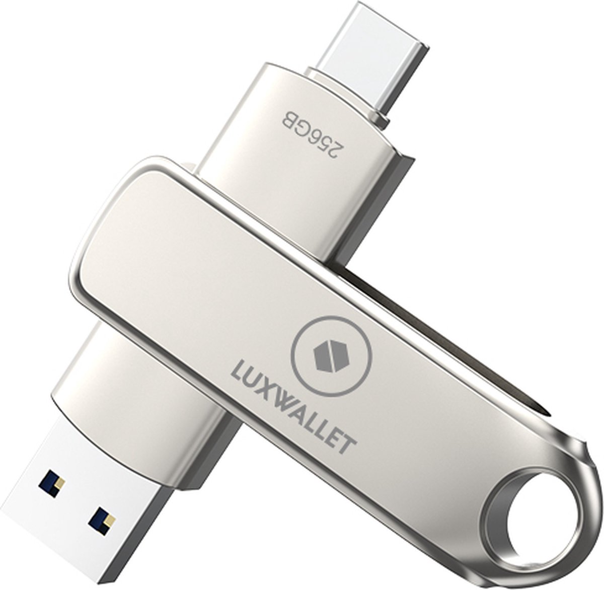 LUXWALLET SwiftSync – USB 3.2 Naar USB-C 3.1 Flashdrive - 90° Rotatie – Ingebouwde Beveiliging – USB Stick – OTG – 256GB – Zilver
