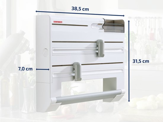 Porte-rouleau de cuisine Leifheit blanc avec dimensions : 38,5 cm de large, 31,5 cm de haut, 7,0 cm de profondeur.