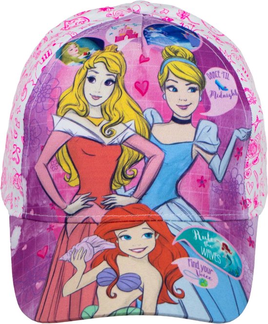 Disney Princess Pet / Cap - Wit/Roze - Ariël - Assepoester - Doornroosje - Maat 52 cm hoofdomtrek (± 2-4 jaar)