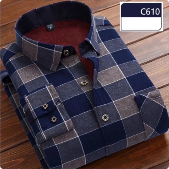 Geblokt flanellen overhemd - fleece gevoerd - blauw grijs - XL