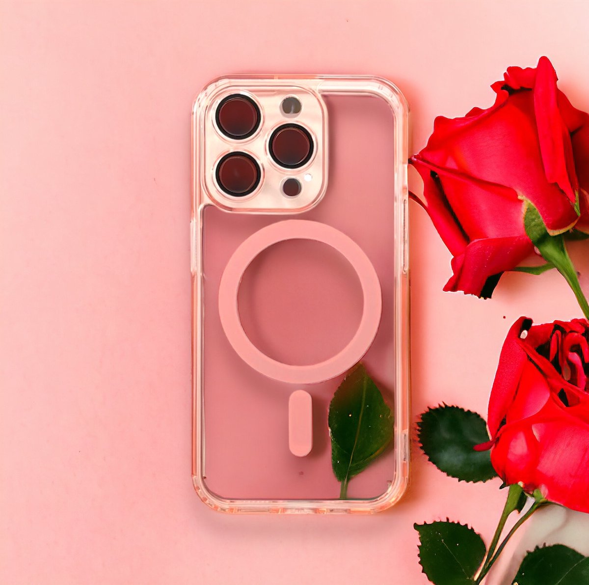 AziLine Magsafe Roze Hoesje Geschikt voor iPhone 15 Pro - Transparante Luxe Krachtige Backcover - Ultieme Camera Bescherming geschikt voor iPhone 15 Pro