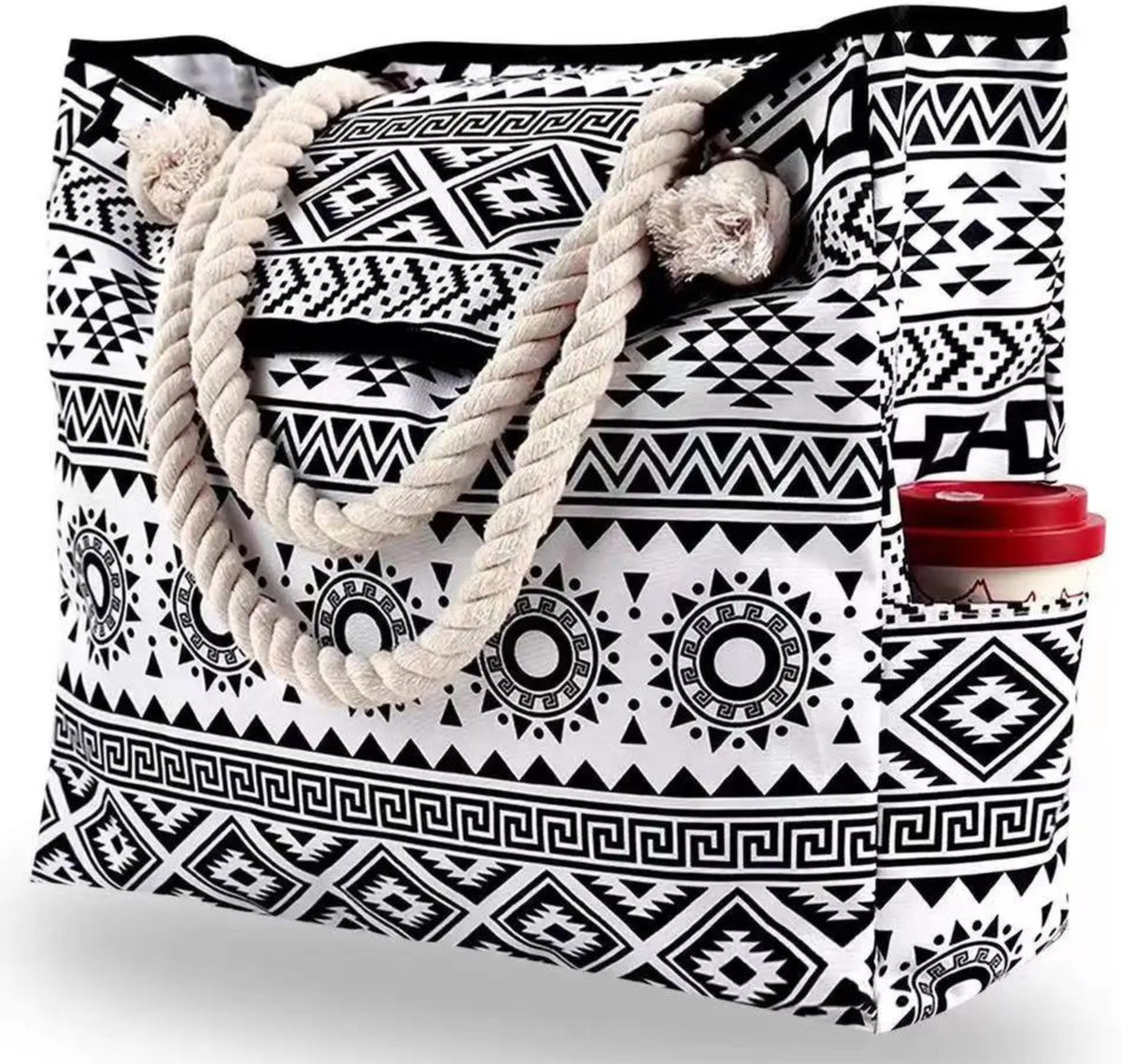 Pazzo Goods Strandtas met Rits – Afsluitbare Strandtas met Drukknoop – Grote Waterafstotende Beachbag – Dames Schoudertas – Zwart/Wit Gestreept – Capri – 42x37x15 cm – Zomer Strandtas