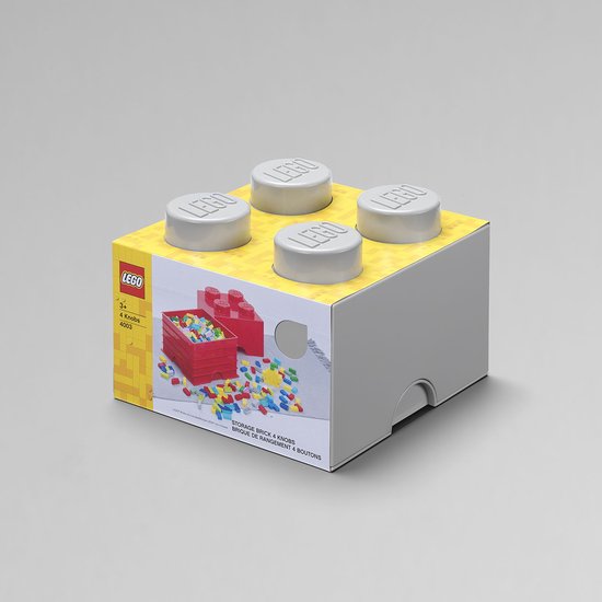 Grijze LEGO opbergdoos met 4 knoppen, deksel met afbeelding van opbergdoos.