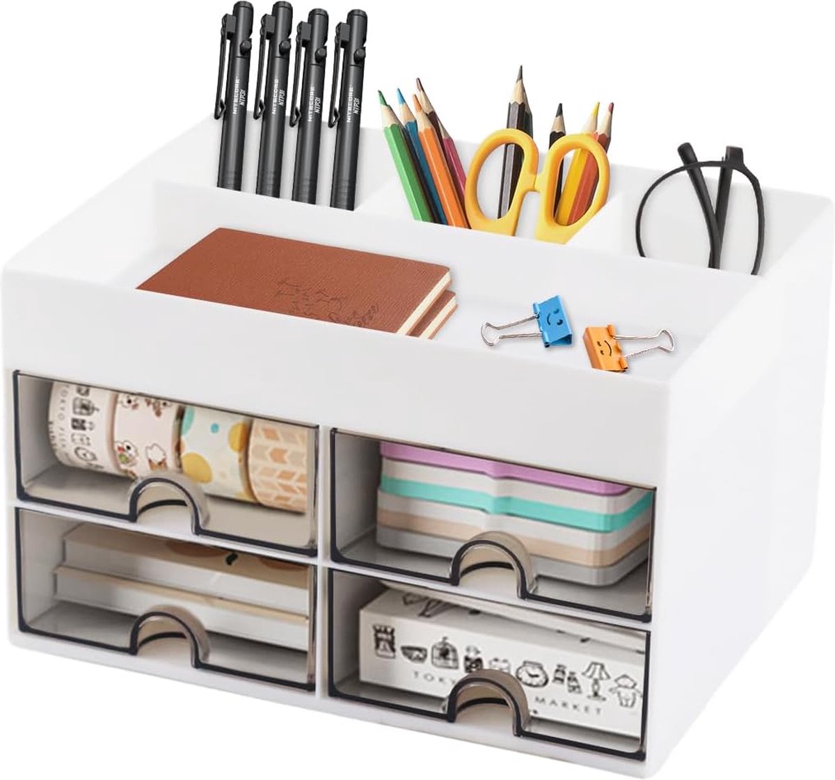 Bureau-organizer, ruimtebesparende bureauorganizer met 4 laden, bureau-organizer, laden, multifunctionele bureau-organizer voor thuiskantoor, school (wit)