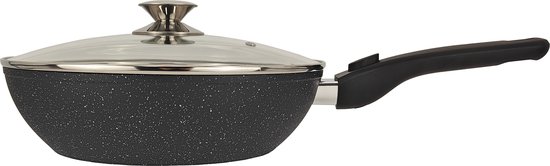 Zwarte wokpan met gespikkeld design, glazen deksel met metalen rand en handvat.