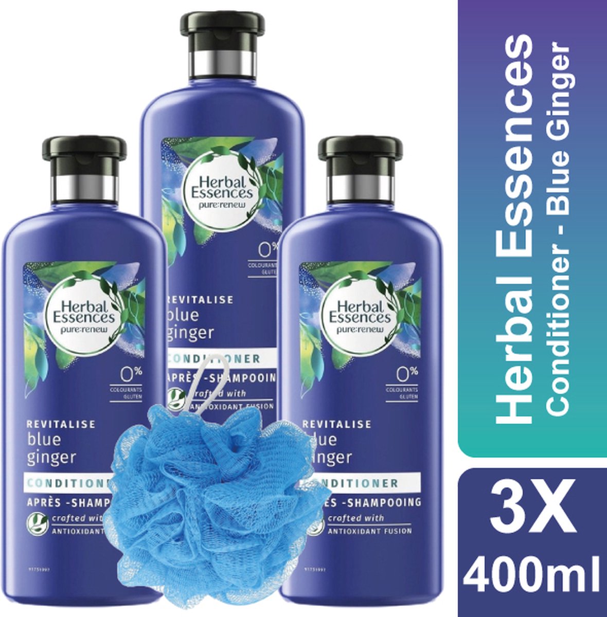 Herbal Essences - Conditioner - Blue Ginger - Inclusief Douche Puff - Voordeelverpakking - 3 x 400 ml - Zijdezacht en Glanzend Haar