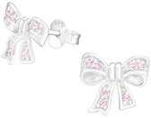 Joy|S - Zilveren strikje oorbellen - 10 x 9 mm - elegant met roze zirkonia