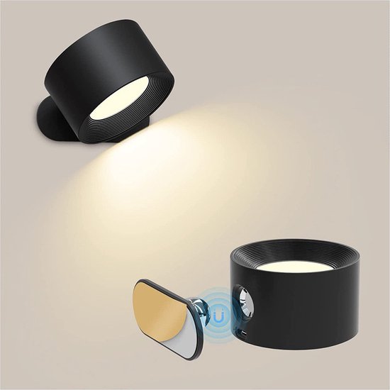 Applique murale LED noire moderne avec commande tactile et rotation à 360º - Applique murale LED rechargeable par USB élégante pour une utilisation en intérieur - Veilleuse dimmable sans fil