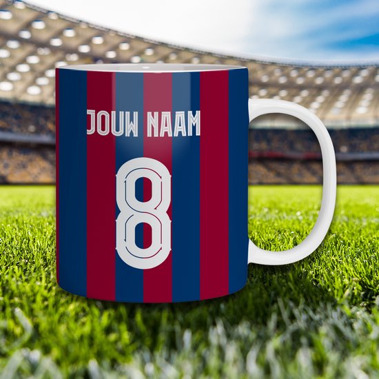 Barcelona Mok - Gepersonaliseerd met naam en nummer - 325ml - Voetbal cadeau Mokken - Barcelona Artikelen Shirt Mok