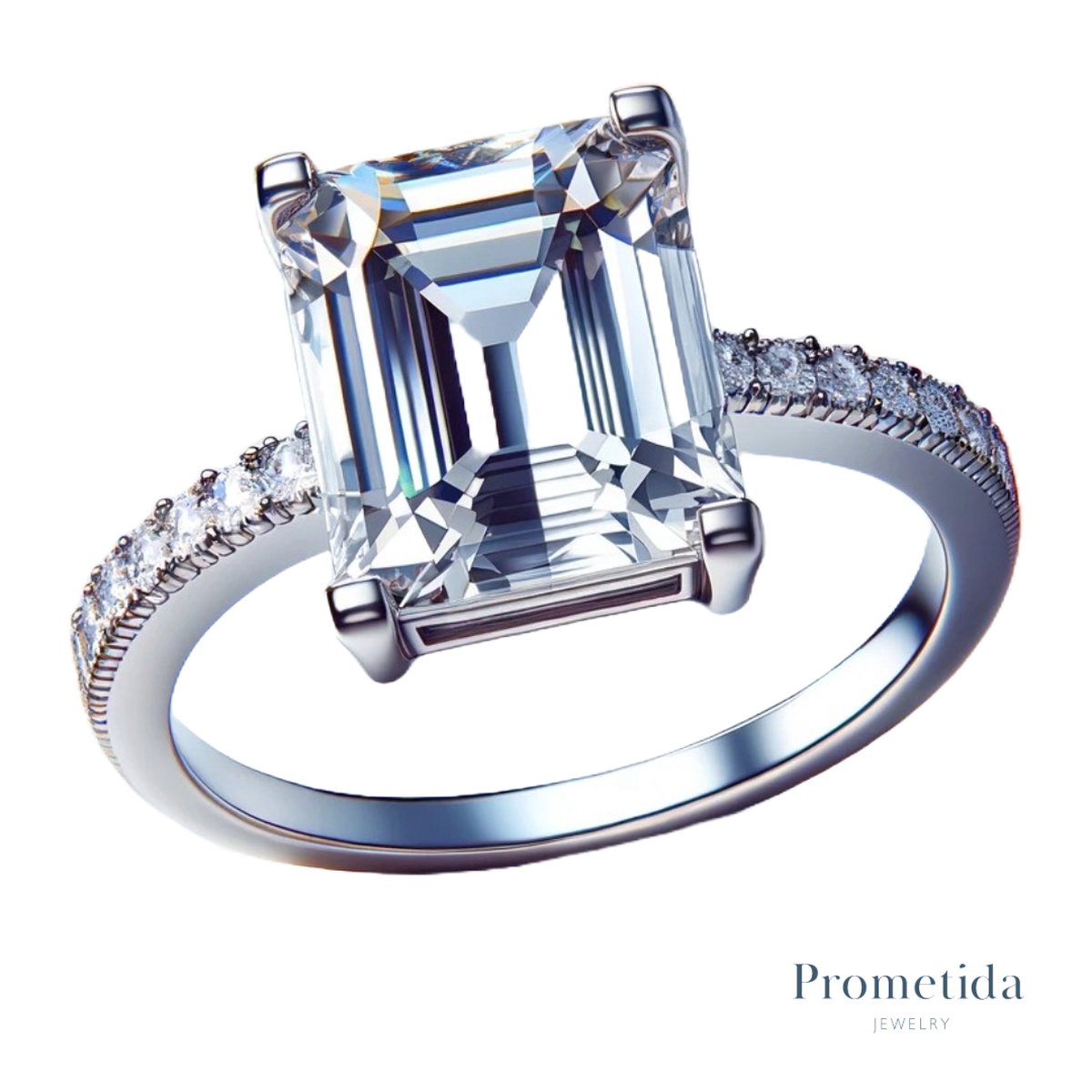 Prometida - Ringenset - Verlovingsring - Ring dames - Emerald-cut Solitair pavé - Zirkonia steen - Sterling Zilver 925 - Aanschuifring pavé in v-vorm - Uitgesproken ring