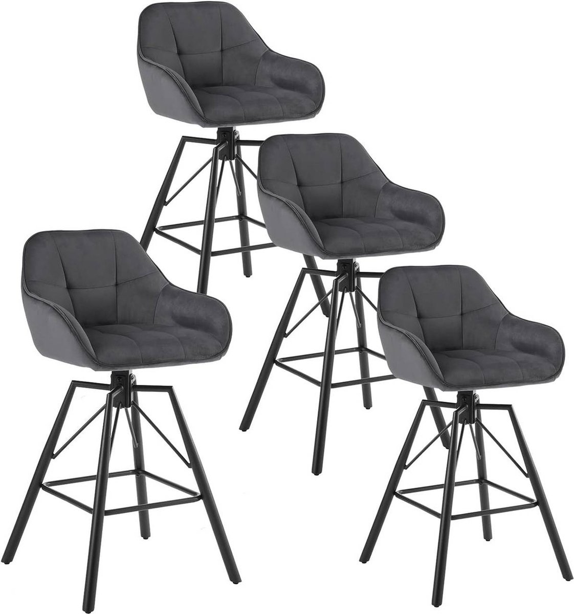 BukkitBow - Hoge Luxe Barkrukken Velvet / Vluweel - Met rugleuning en Armleuning met Strepen Patroon en Voetensteun - 360 Graden Draaibaar - Set van 4 Stuks - Donker Grijs