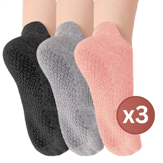 RENALUX - Yoga Sokken Antislip Dames - Antislip Sokken Dames - Pilates Sokken - Anti Slip Sokken - Huissokken met Antislip Dames - Roze, Grijs & Zwart - Set van Maarliefst 3 Paar