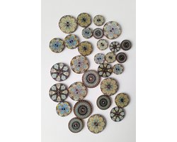 Houten knopen - verschillende prints - 30 stuks - blauw - bruin - geel - rond