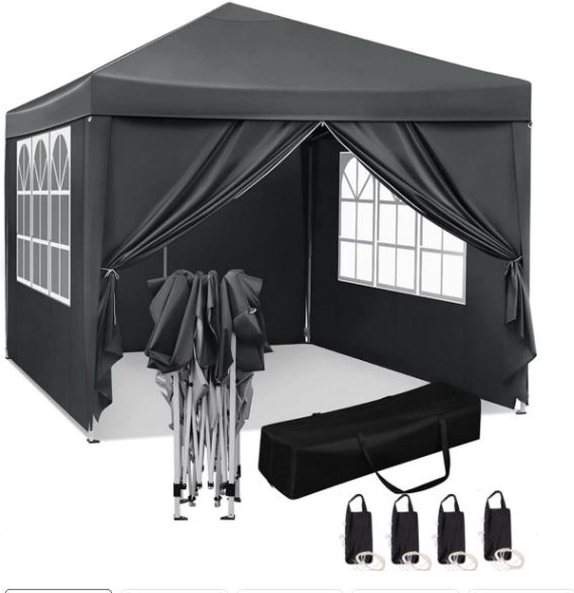Qualytents - Partytent - Easy up - 3 x 3m - Paviljoen met Zijpanelen - Opvouwbaar - Waterdichte Tent - In Hoogte Verstelbaar - Zwart - Extra stevig
