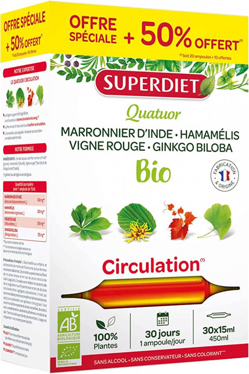 Goedkoopste Superdiet Quatuor Rode Wijnstok Circulatie Biologisch 20 Ampullen 10 Ampullen Gratis