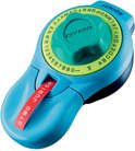 Lichtblauwe DYMO Junior labelmaker met een rode labeluitvoer.