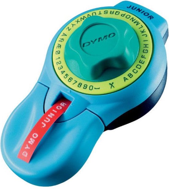 Lichtblauwe DYMO Junior labelmaker met een rode labeluitvoer.