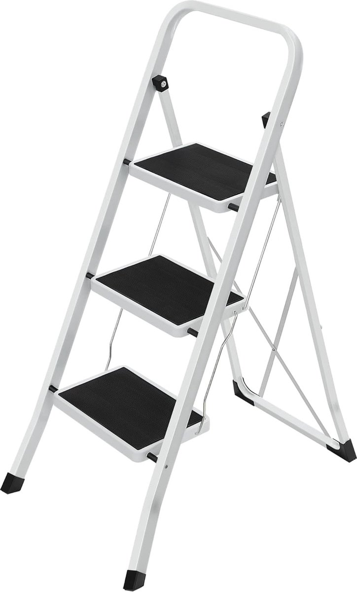 Hoppa! 3-treden ladder, vouwladder, sportbreedte 20 cm, antislip rubber, met handvat, draagvermogen 150 kg, staal, GS-gecertificeerd, zwart en wit