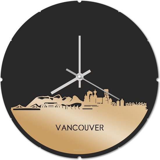 Skyline Klok Rond Vancouver Goud Metallic - Ø 44 cm - Stil uurwerk - Wanddecoratie - Meer steden beschikbaar - Woonkamer idee - Woondecoratie - City Art - Steden kunst - Cadeau voor hem - Cadeau voor haar - Jubileum - Trouwerij - Housewarming -