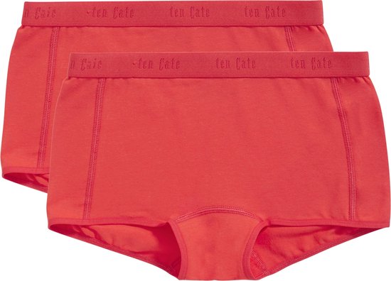 Twee felrode meisjesbroekjes met elastische tailleband met logo.