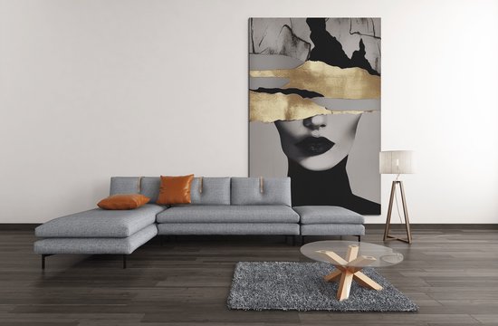 Peinture sur toile - Femme abstraite - Portrait - Moderne - Or - Zwart - Grijs - 90x60x2 cm