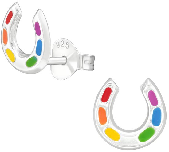 Joy|S - Zilveren hoefijzer oorbellen - zilver met kleurtjes - 7 mm - kinderoorbellen