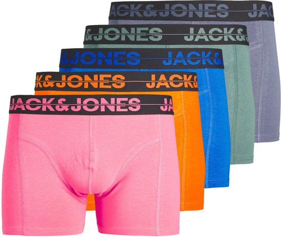 JACK & JONES Jacseth solid trunks box (5-pack) - heren boxers normale lengte - blauw - roze - oranje en groen - Maat: L