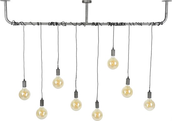 Lampe à suspension industrielle Wikkel | 8 lumières | vieil argent | 176x12x150 cm | table à manger / salon | luminaire design en métal | moderne / robuste
