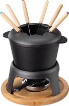 Navaris gietijzeren fondue set ⌀21 cm - Met 6 fonduevorken en brander - Voor kaasfondue, chocoladefondue en raclette - Gietijzer, RVS en hout