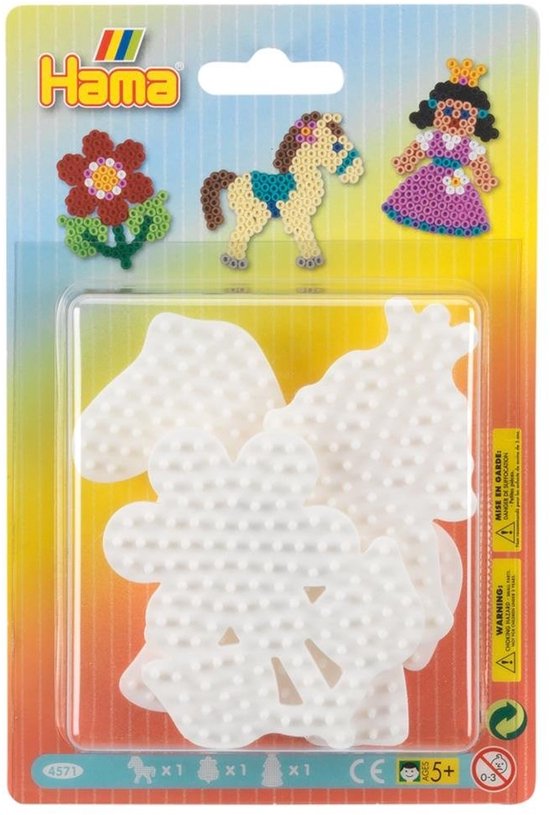 Plaques de perles Hama : poney avec crinière, fleur, princesse avec couronne et robe.