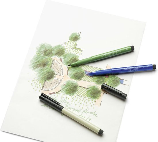 Gele, blauwe en groene PITT artist stiften liggen op een schets van een tuin.
