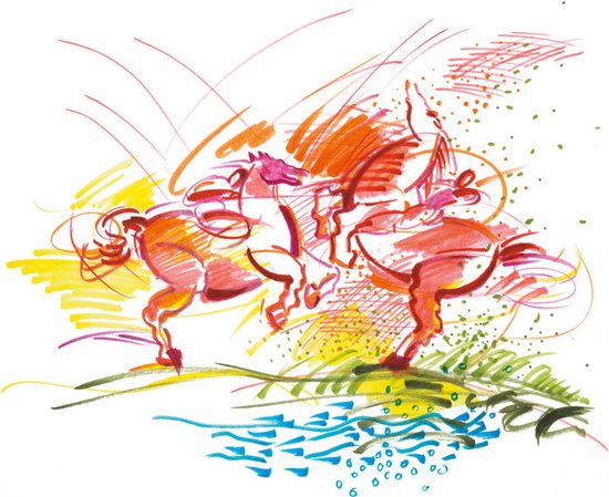 Abstracte tekening met paarden in oranje en roze, met groene en blauwe lijnen.