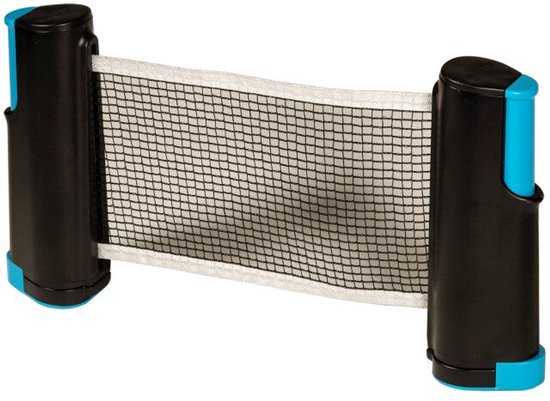 Zwart en blauw inklapbaar tafeltennisnet met wit net.