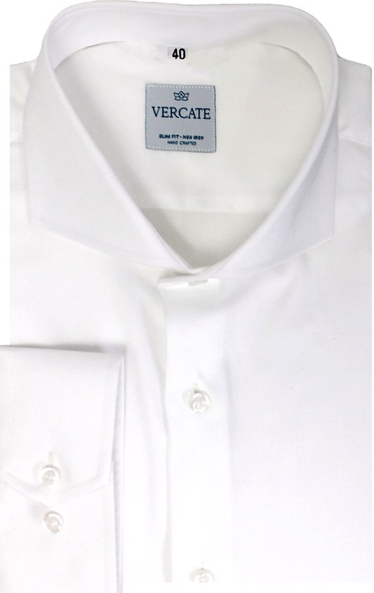 Vercate - Strijkvrij Overhemd - Wit - Slim Fit - Katoen Satijn - Lange Mouw - Heren - Maat 43/XL