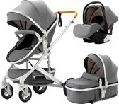 GoobiSales Luxe 3-in-1 Kinderwagen - Draagbaar, Opvouwbaar, met Vering - Aluminium Frame - Inclusief Autostoel - Kwalitatieve Buggy voor Pasgeboren Baby - Luxe Multifunctionele Combi Kinderwagen - Grijs
