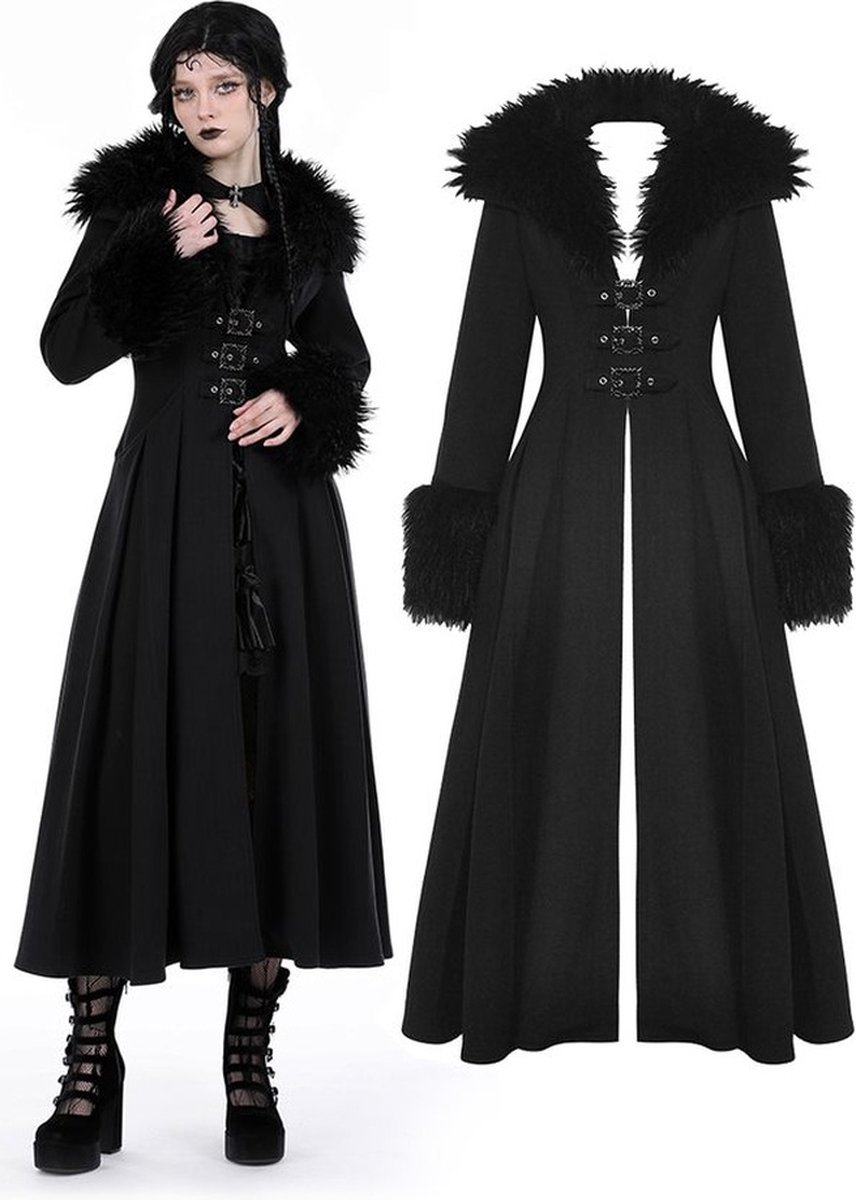 Dark in Love - Gothic fur neck and sleeves woolen maxi Jas - L - Zwart