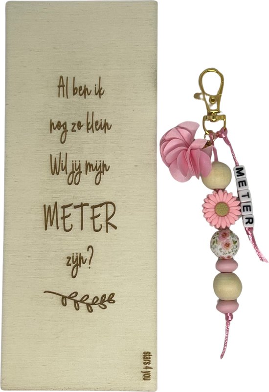 Sleutelhanger wil jij mijn Meter zijn? | ROZE | bloem | doosje met een vraag | meter vragen | meter worden | peettante vragen | peettante worden