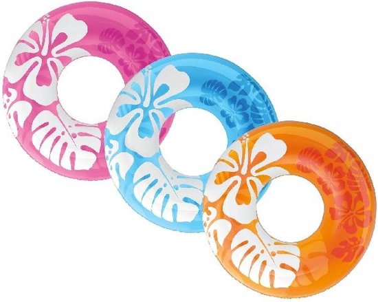 Drie zwembanden met witte hibiscusbloemen: roze, blauw en oranje.