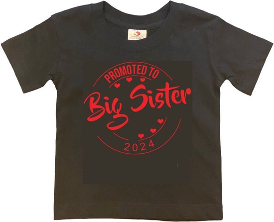 Shirt Aankondiging zwangerschap Promoted to Big Sister 2024 | korte mouw | Zwart/rood | maat 86/92 zwangerschap aankondiging bekendmaking Baby big sis sister Grote Zus