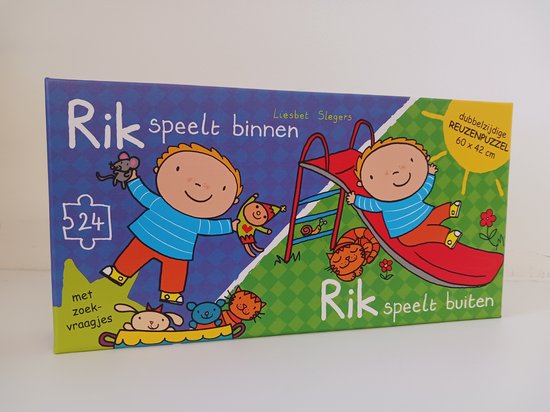 Doos met puzzel "Rik speelt binnen" en "Rik speelt buiten". Illustratie met vrolijke kinderen, dieren en speeltoestellen.