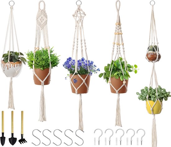 5-Delig Luxe Macramé Plantenhangers Set - Boho Handgeweven Katoen Hangpot voor Binnen/Buiten - Hangende Bloempot met Kralen - Plant Houder - Bohemian Wandhanger Decoratie - Tuin Hanger Bloempothouder Planthanger