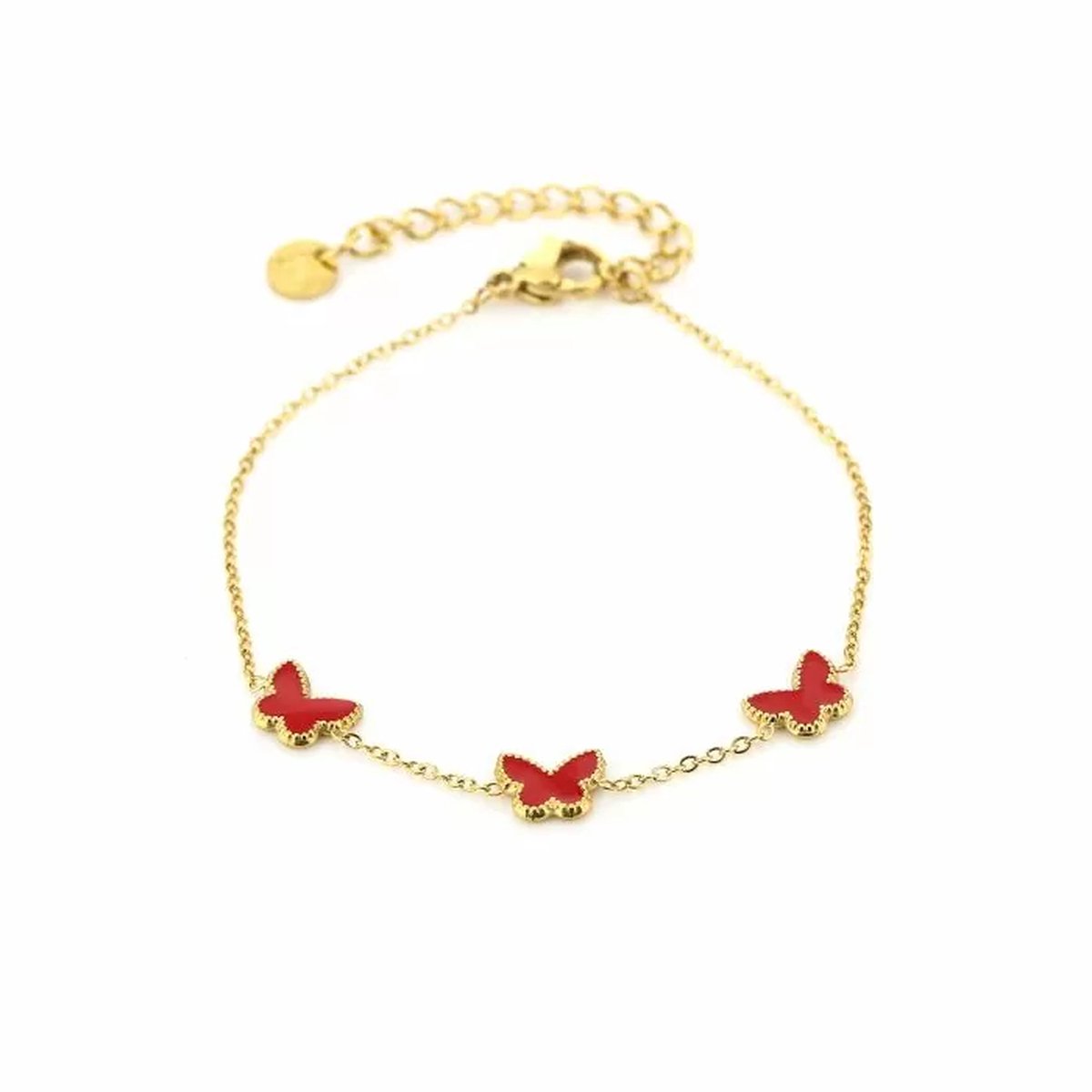 Minimalistische armband dames - Armband met vlinders - Yehwang - Armbanden - 16 + 3 cm - Gouden armband - Goud/Rood - Stainless Steel (verkleurt niet!) - Waterproof - Bracelet - Kerst - Kerst armband - Sinterklaas - Party - Kinder armband - Kind